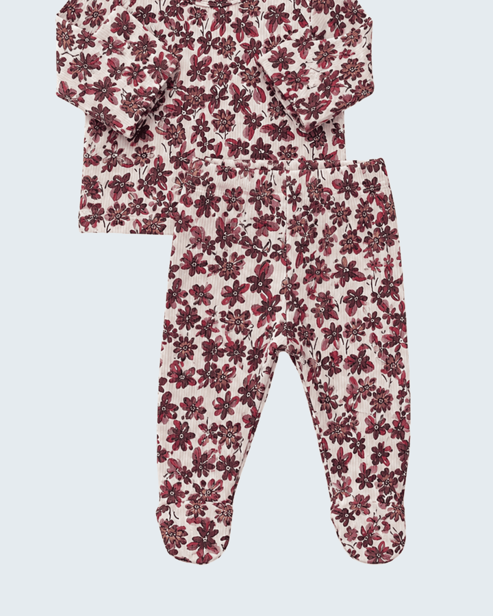 Floral footed baby pants with long sleeves, burgundy flowers on cream