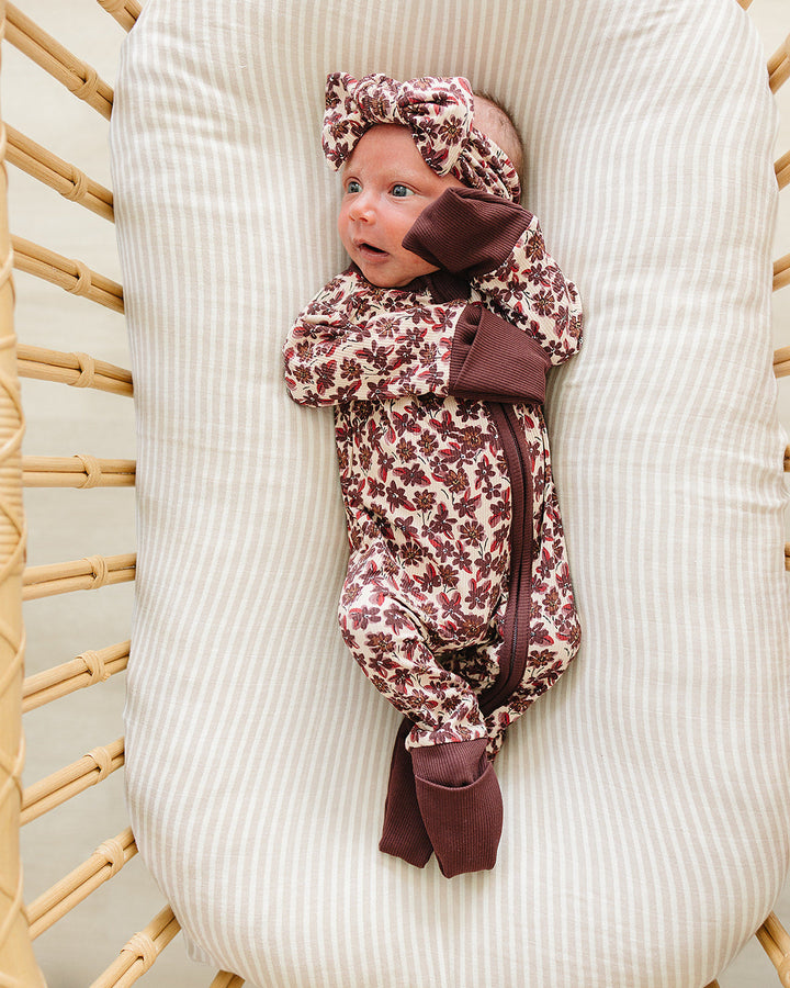 Floral ribbed zip footie sleeper with long sleeves and dark ribbed cuffs