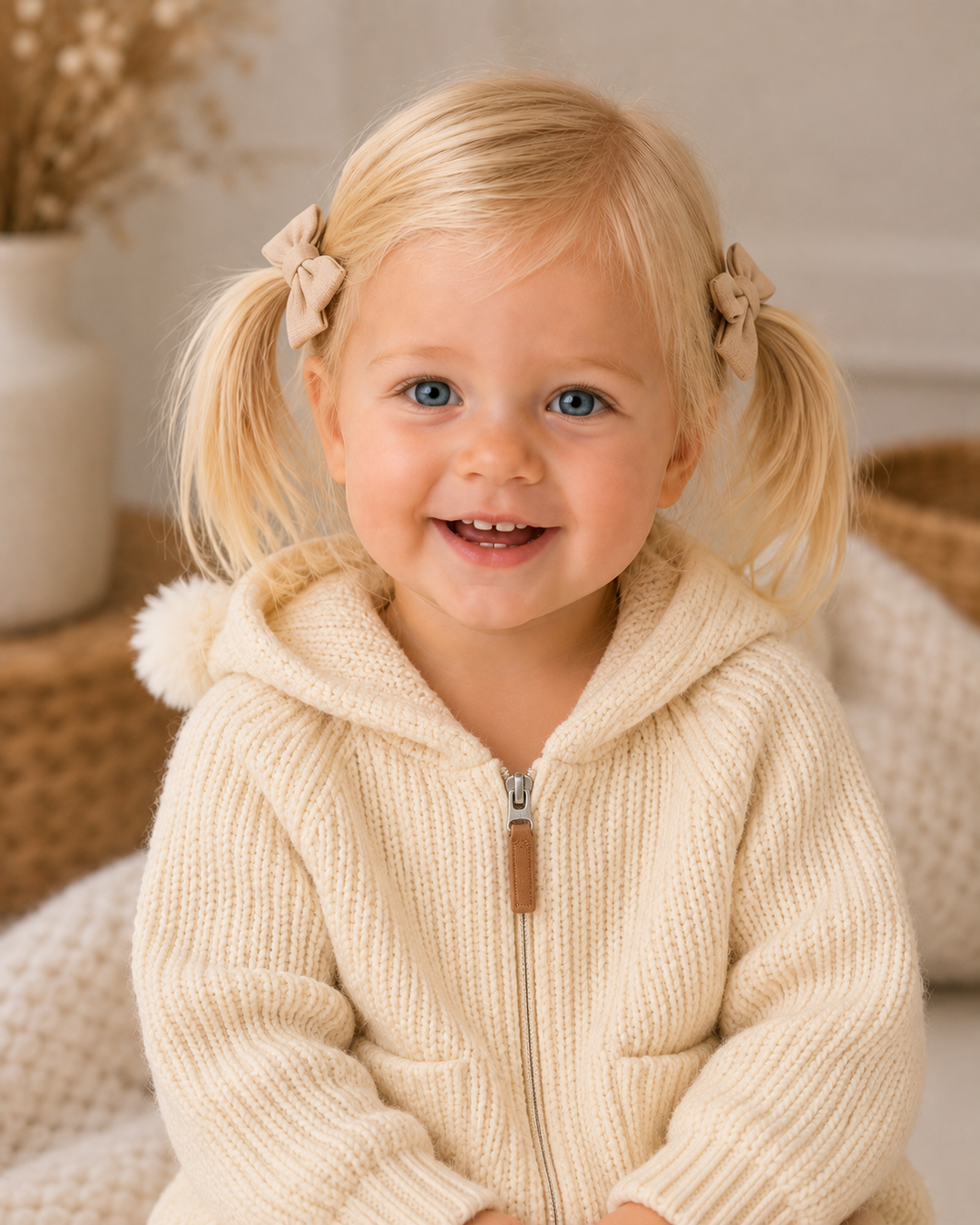 Cream hooded zip cardigan with pom-pom detail and zip-front, worn by a child