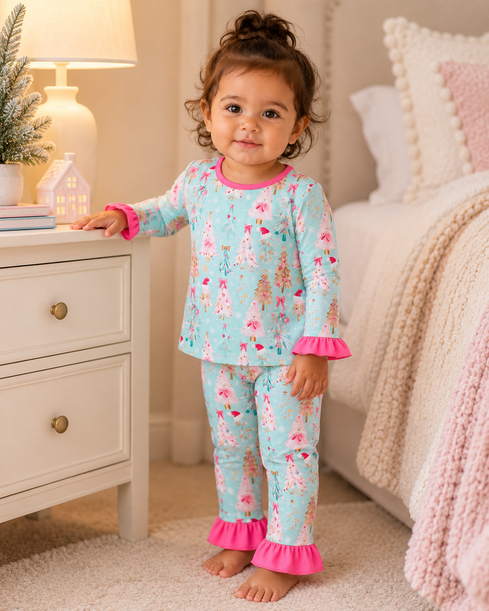 Kids bamboo pajama set, long-sleeve top and pants with tree print and pink ruffles