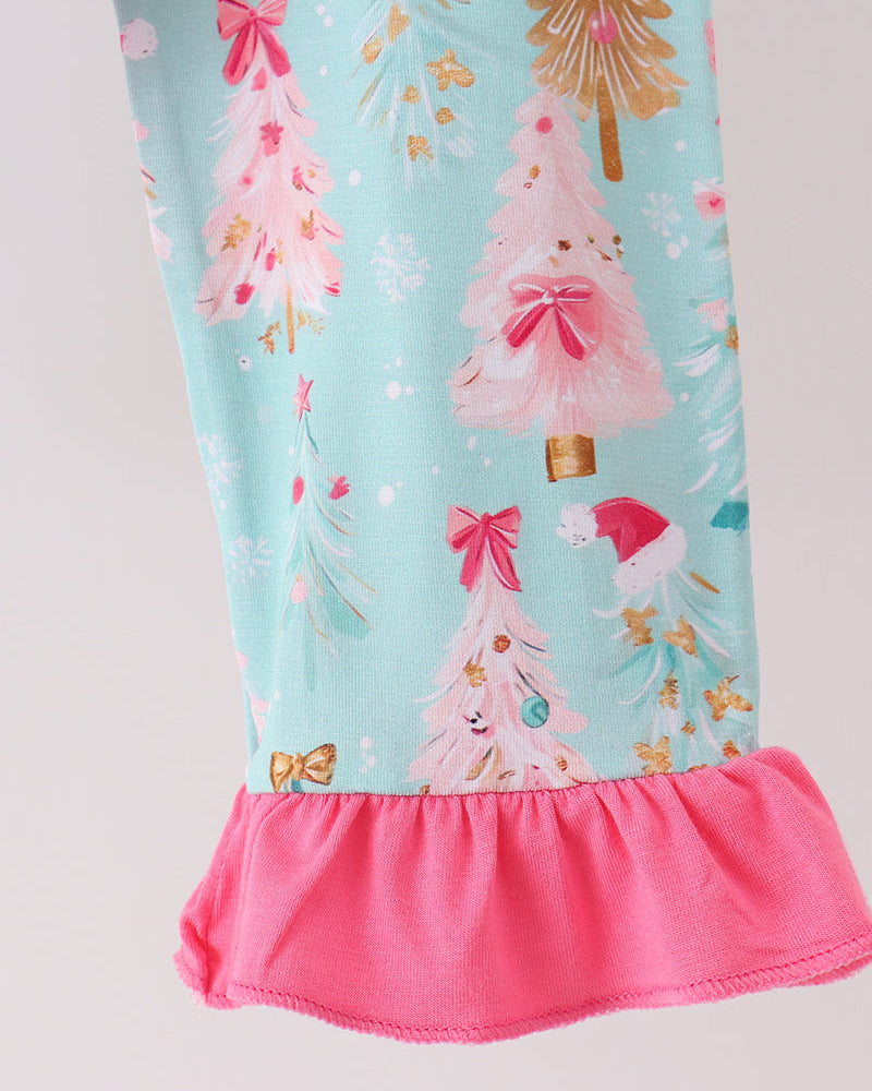 Bamboo pajama pants with light blue tree print, pink waistband and ruffled cuffs