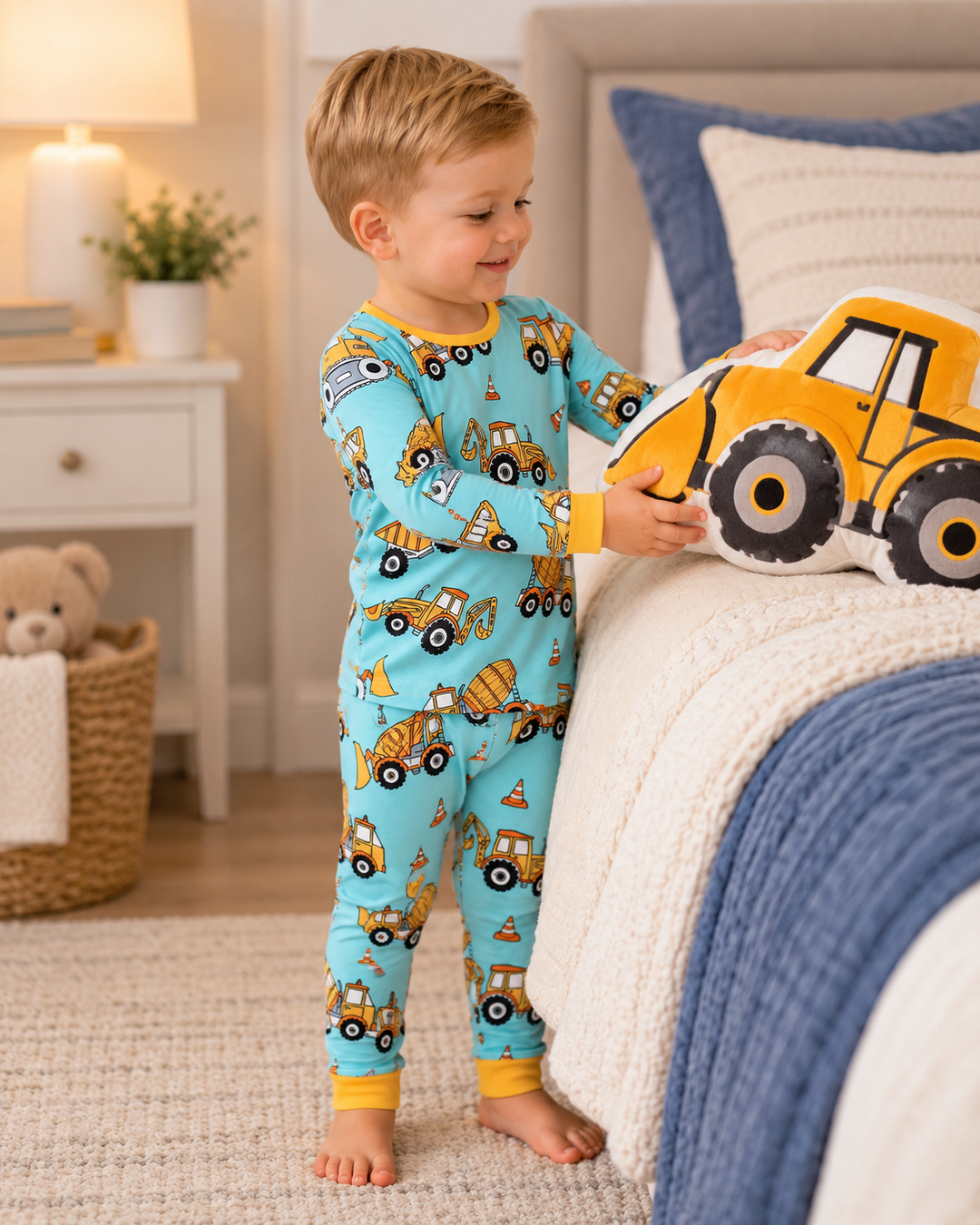 Toddler boy is wearing a Aqua Construction Trucks Bamboo Pajama Set