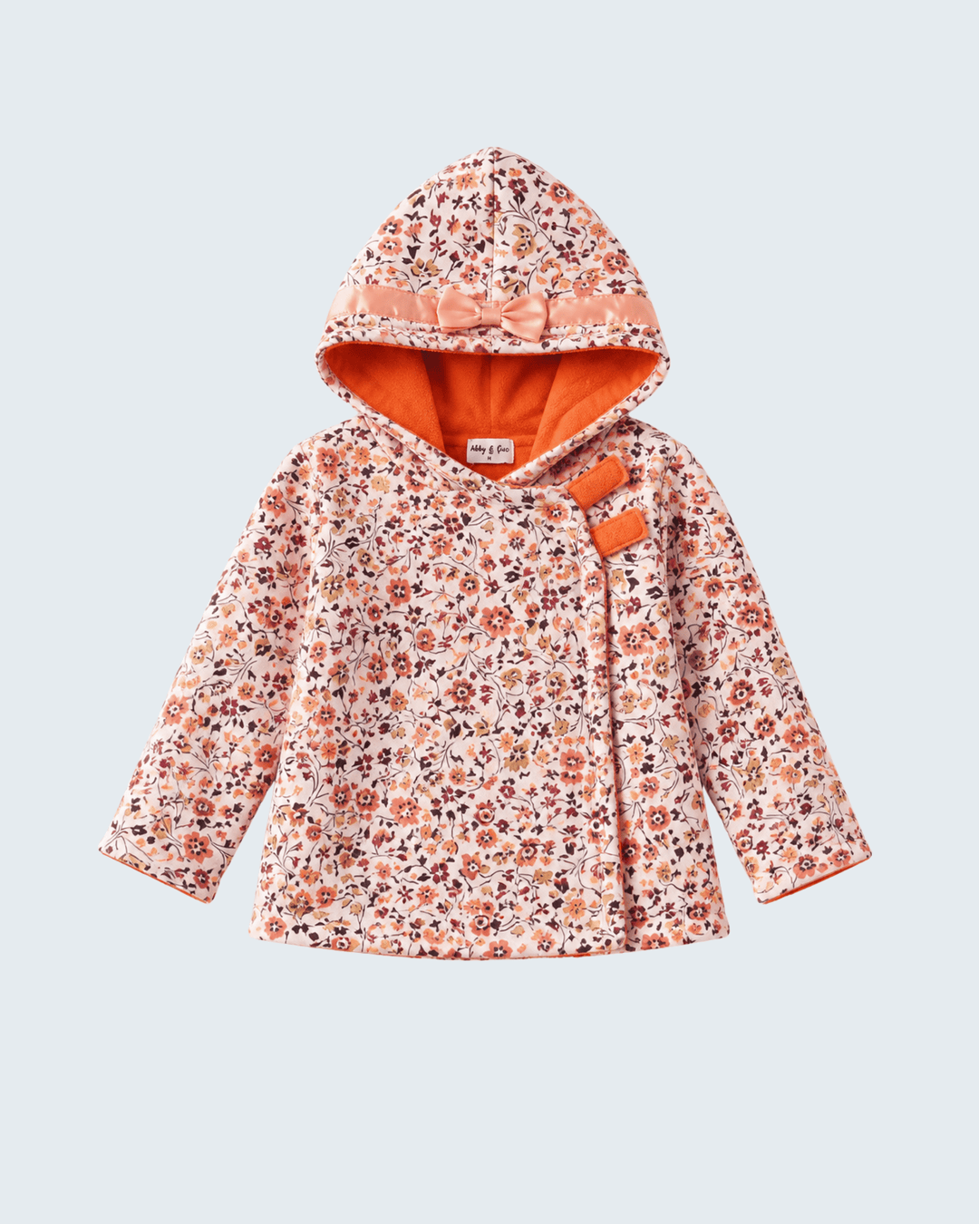 Autumn floral hooded coat with orange fleece lining and front button closure