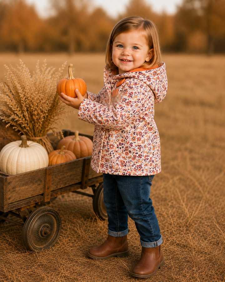 Child wearing an autumn floral hooded coat with orange fleece hood lining