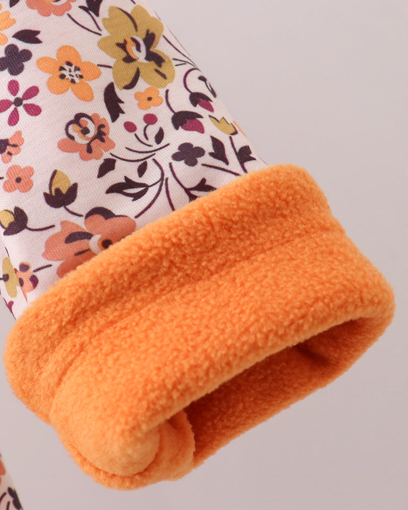 Orange fleece hood edge on floral hooded coat sleeve, warm teddy lining