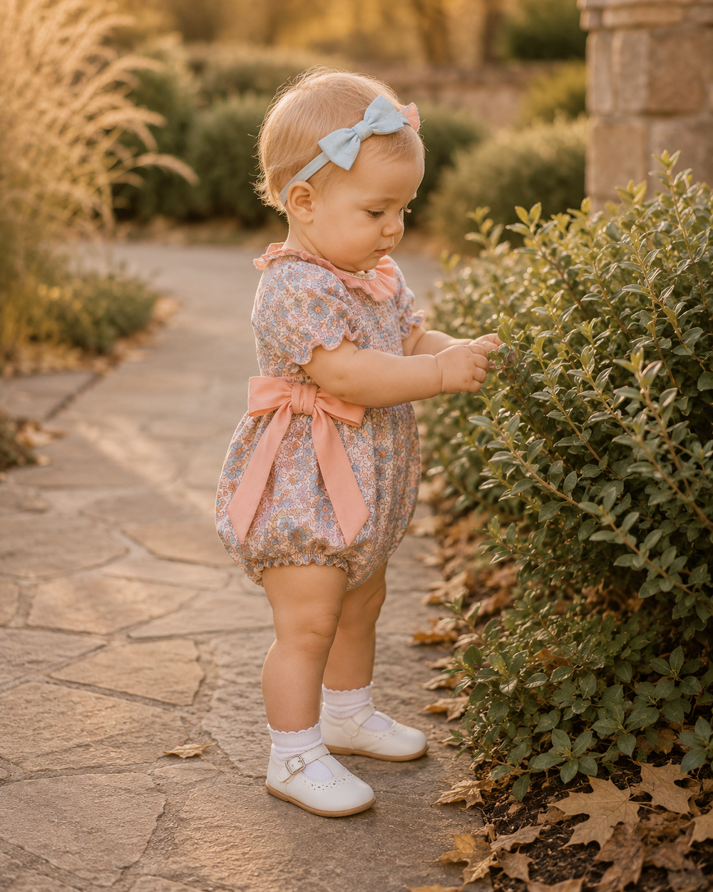 Multicolor floral smocked romper with ruffled collar, bow ties, and short sleeves