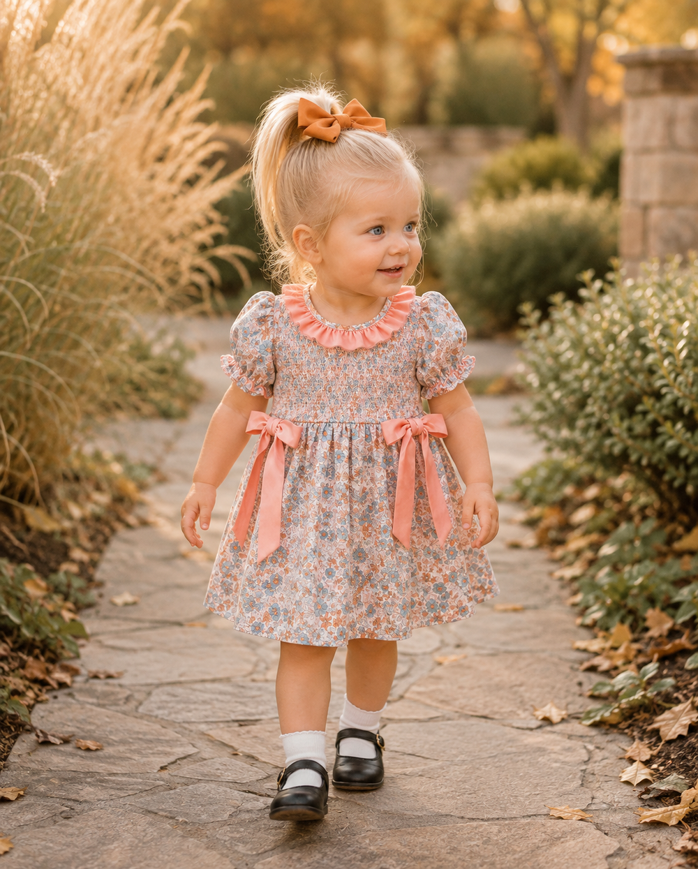 A toddler girl wearing a short-sleeve floral dress with pink ruffle trim and bows, walking on a stone path outdoors.