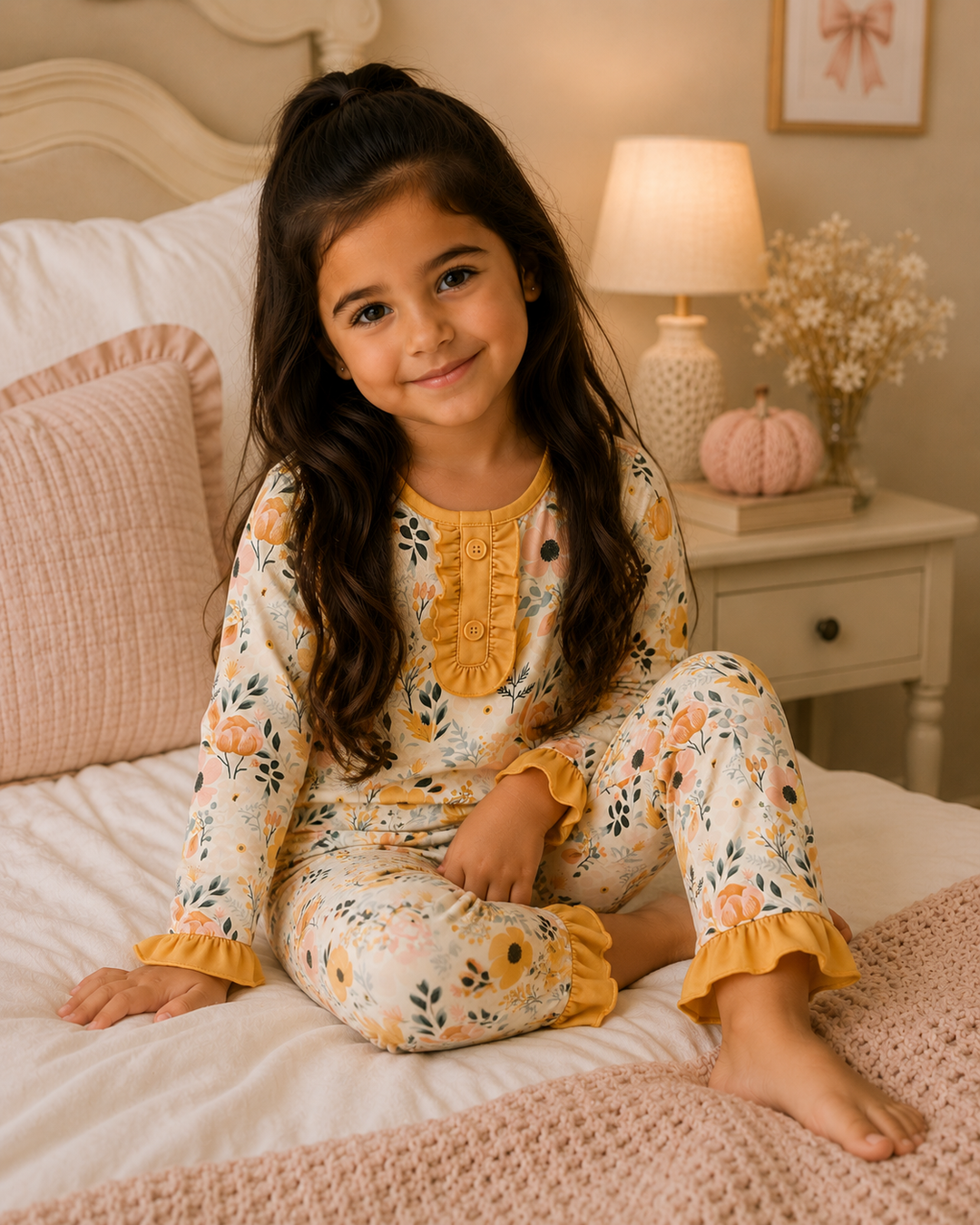 A young girl with long dark hair sits smiling on a bed wearing a cream-colored floral pajama set with yellow ruffle trim and a yellow buttoned neckline. The bedroom is warmly lit with a bedside lamp, a small decorative pumpkin, and a pink knit blanket.
