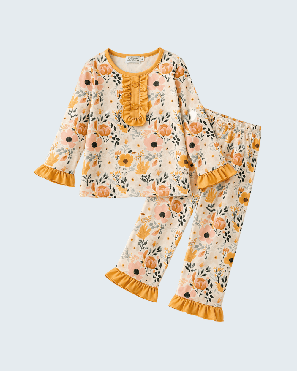 A two-piece children's pajama set featuring a long-sleeve top and matching pants. The set has a cream-colored base with a vibrant floral pattern in orange, yellow, and green, accented with ruffles on the neckline, cuffs, and pant cuffs.