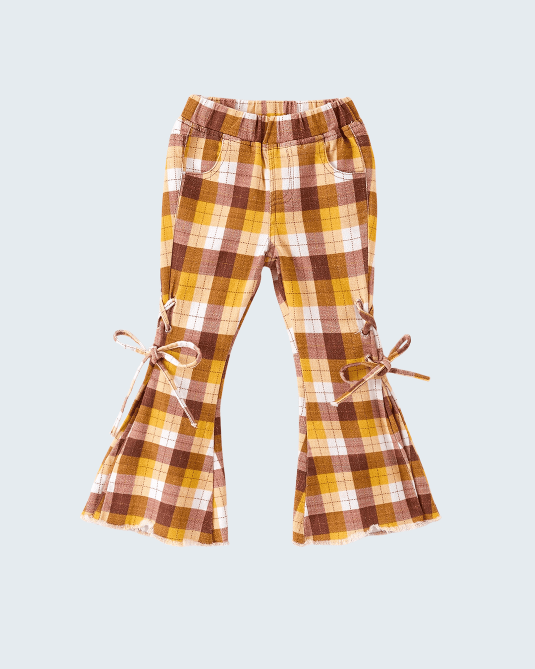 A pair of toddler girl's plaid flare pants in a mustard yellow, brown, and white pattern, featuring side tie details on the flared cuffs, shown against a light gray background.