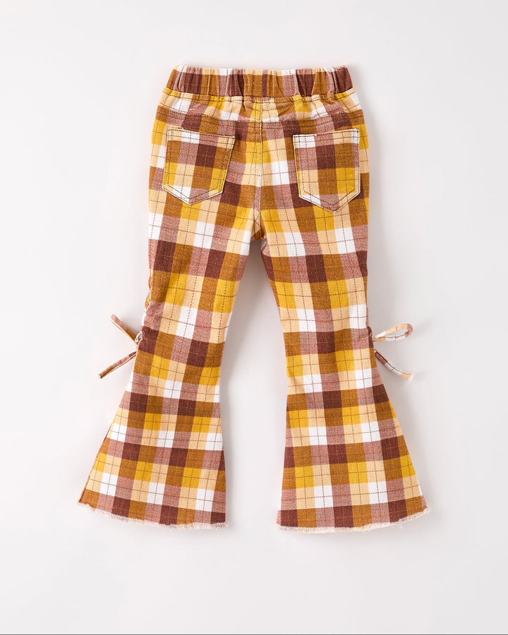 Brown plaid flared trousers with elastic waist and side bow ties