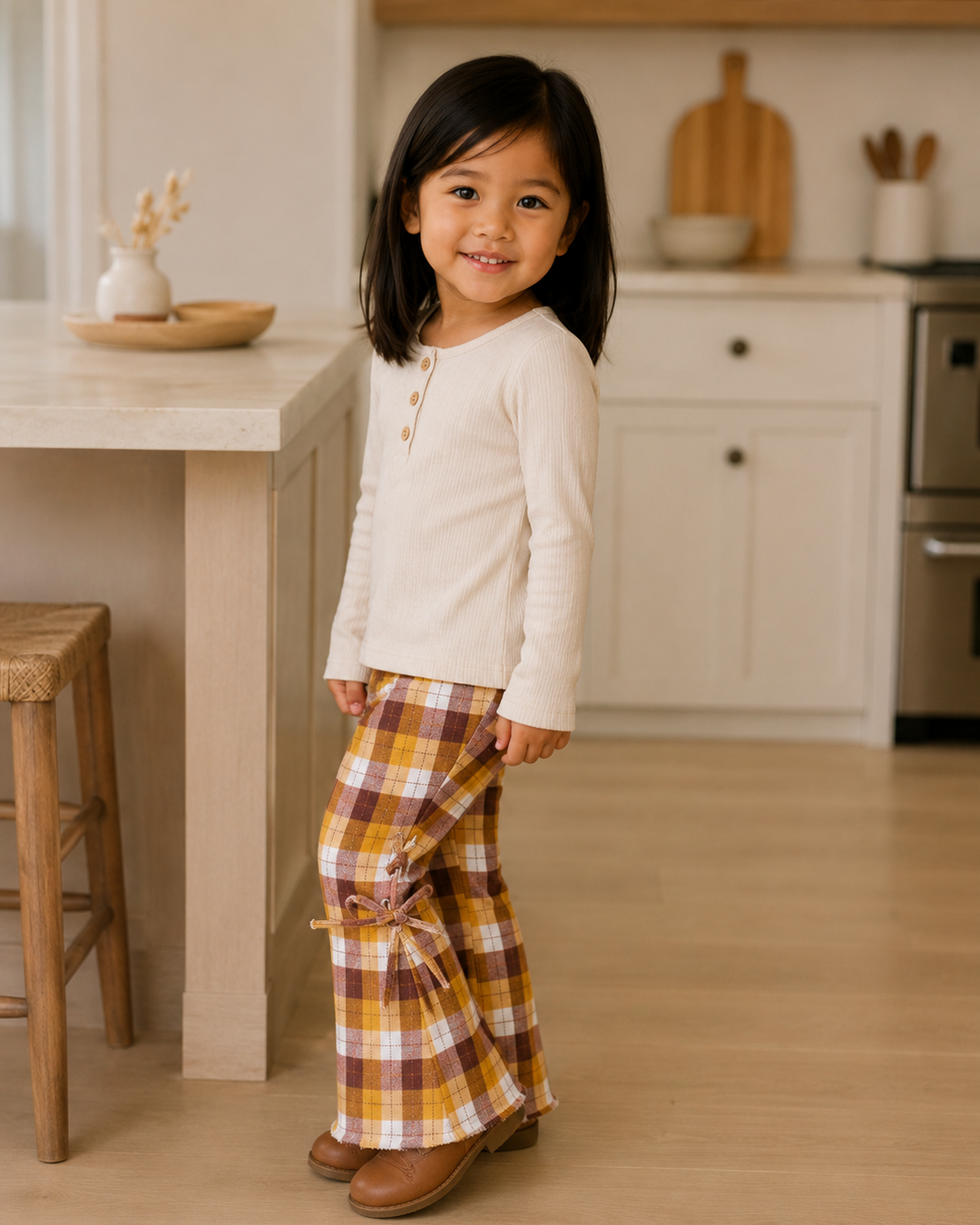 A young girl with dark hair stands in a bright, modern kitchen wearing a cream long-sleeve henley shirt and yellow, brown, and white plaid wide-leg pants with side ties. She is smiling and looking at the camera.