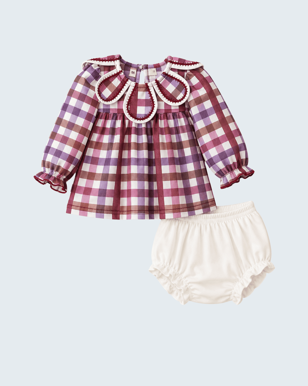 Maroon plaid petal-collar top with matching white ruffled bloomers