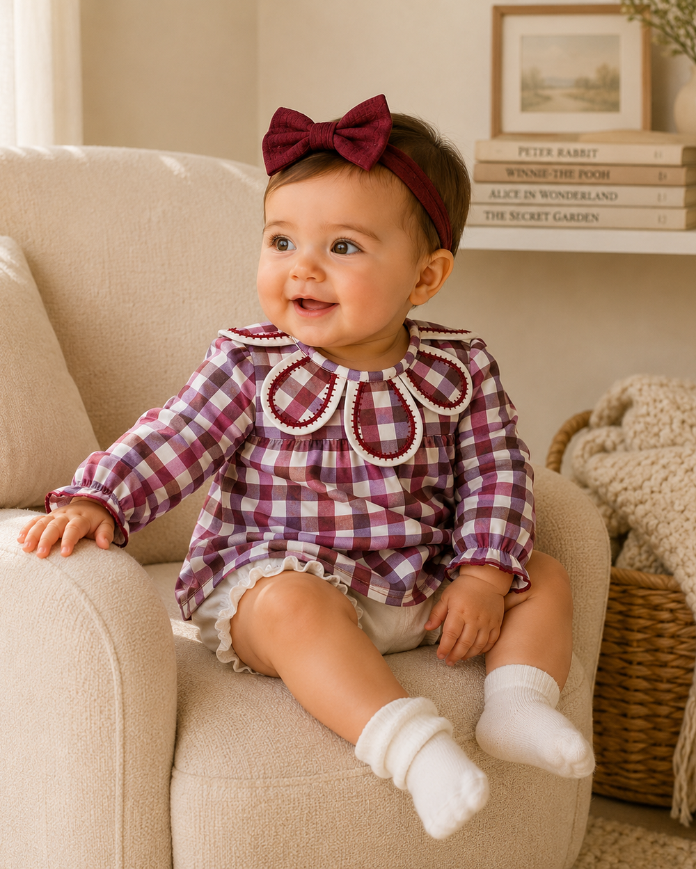 Plaid petal-collar romper with ruffled bloomers on baby, long sleeves