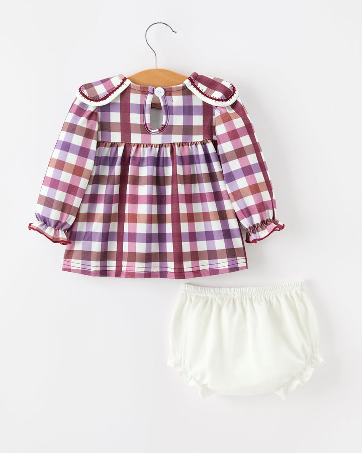 Girls plaid long-sleeve dress with button neck and matching cream bloomer shorts