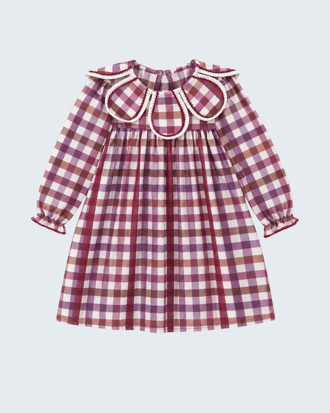 Plaid petal-collar dress with long sleeves and gathered skirt, burgundy and white check