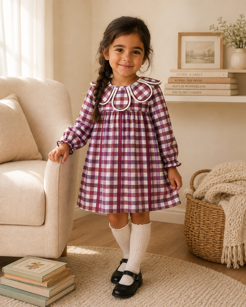 Plaid petal-collar dress, burgundy and white check, long sleeves and button-front style