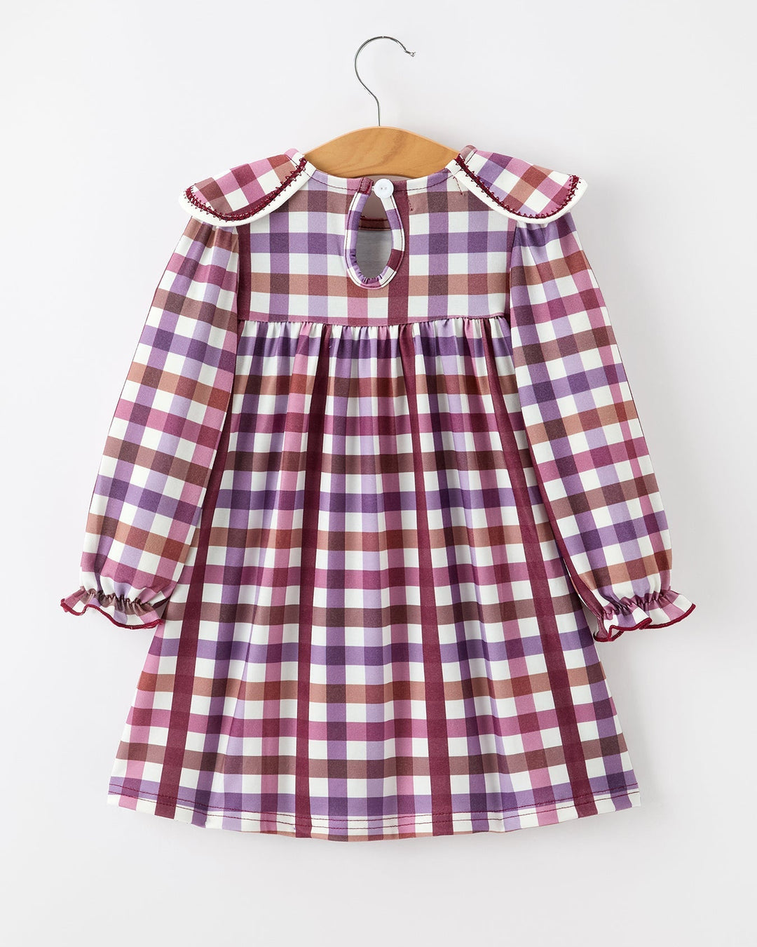 Girls plaid dress with keyhole back and scalloped petal collar, long sleeves