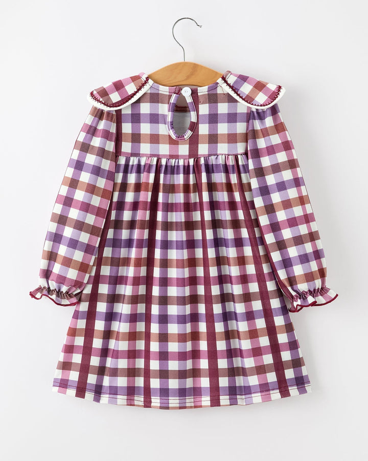 Girls plaid dress with keyhole back and scalloped petal collar, long sleeves