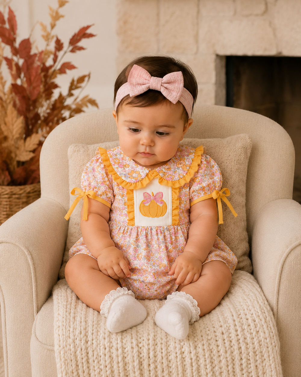 A baby girl sits in a cream armchair wearing a floral short-sleeve romper with yellow ruffle trim, a pumpkin applique on the chest, and a pink bow headband.