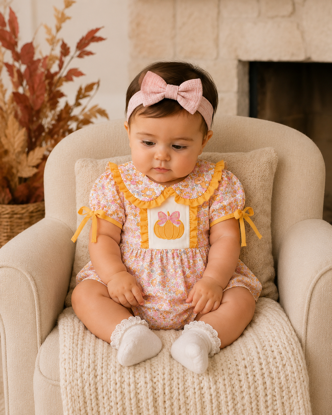 A baby girl sits in a cream armchair wearing a floral short-sleeve romper with yellow ruffle trim, a pumpkin applique on the chest, and a pink bow headband.