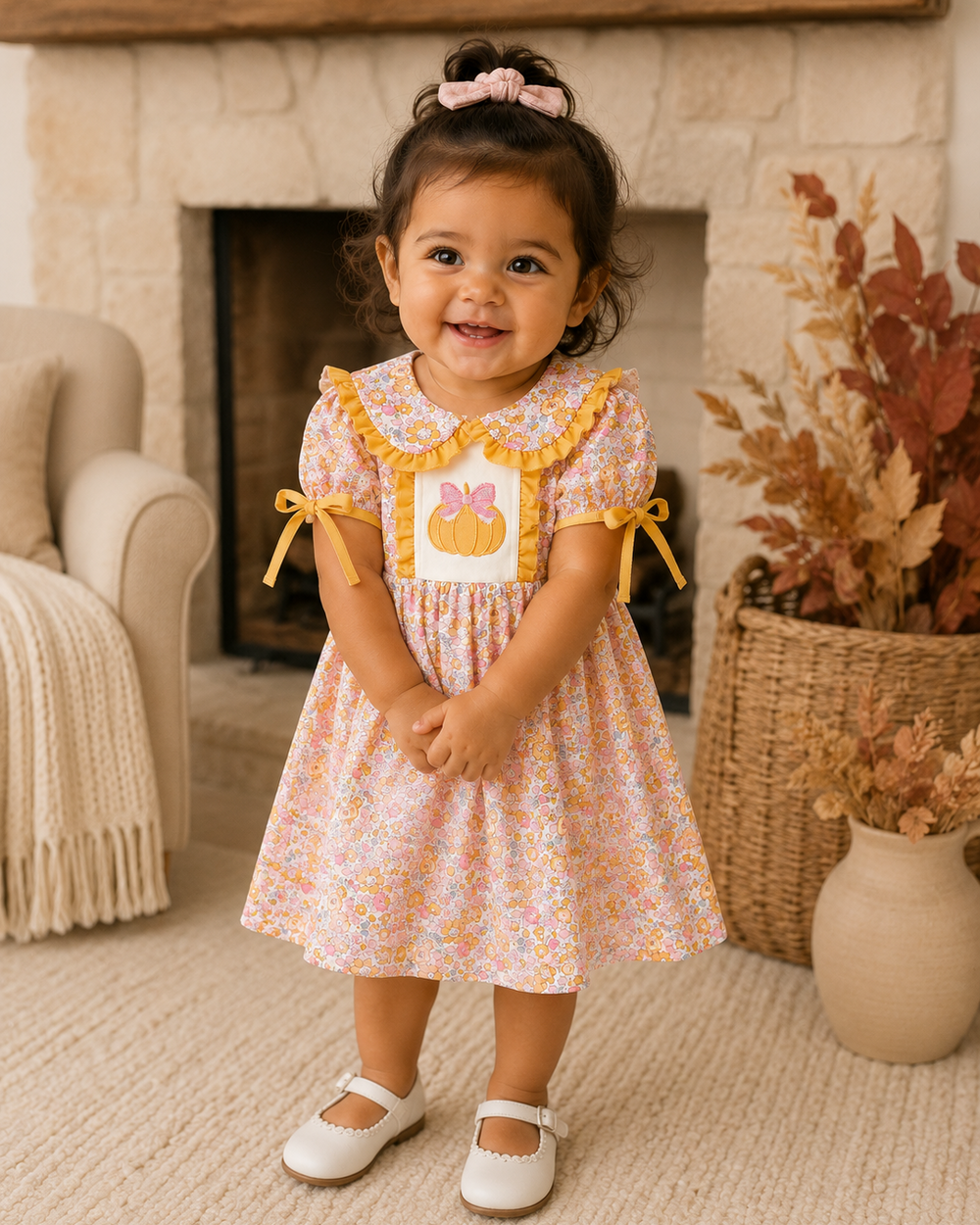Toddler pumpkin floral A-line dress with ruffle Peter Pan collar and bow-tie sleeves