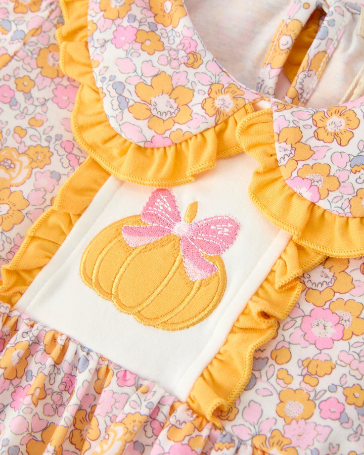 Girls floral dress with ruffled collar and pumpkin bow embroidery