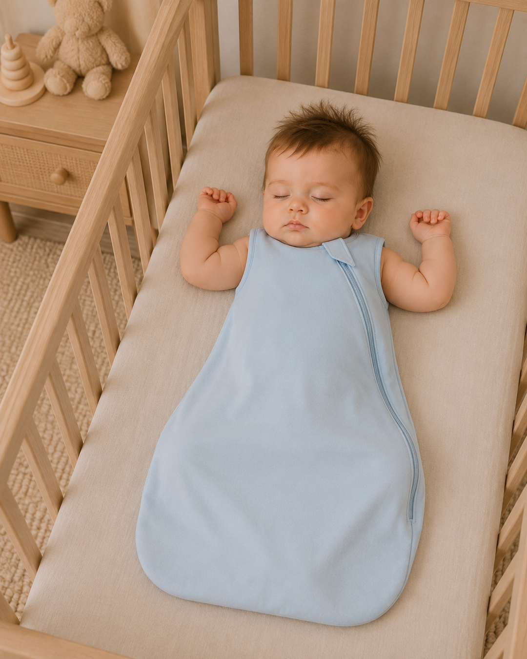 A baby sleeping soundly in a light blue zippered swaddle blanket inside a wooden crib with a beige mattress.