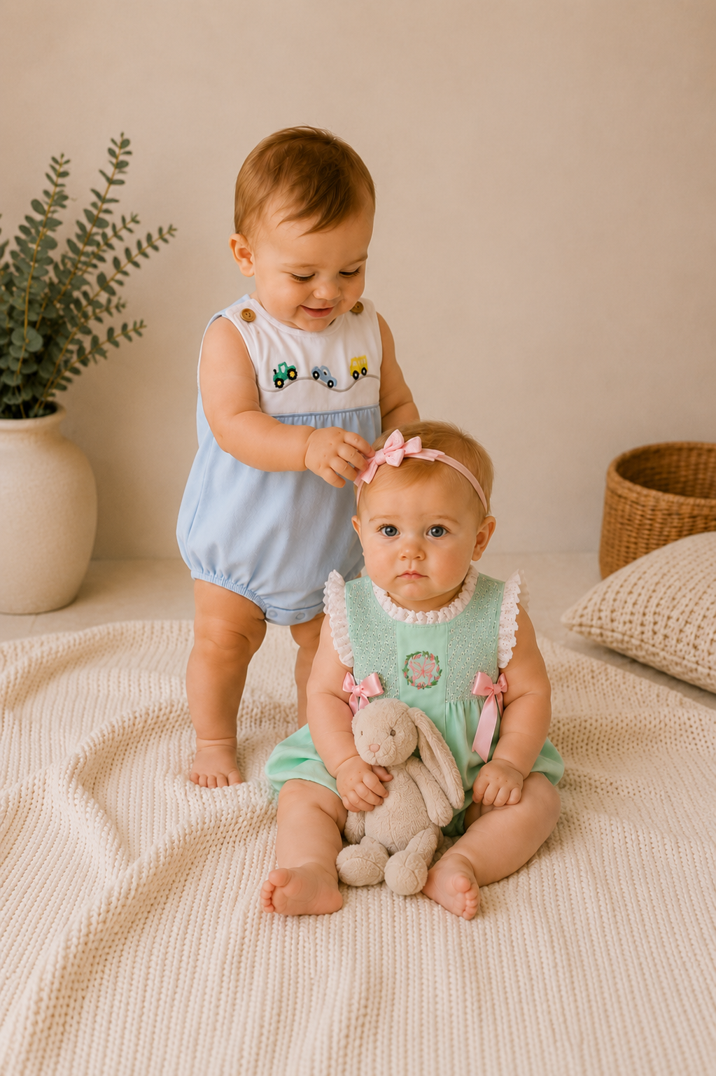 Two infants modeling matching pastel outfits on a cream knit blanket. The standing toddler wears a light blue romper with a white bib overlay and small embroidered animals.