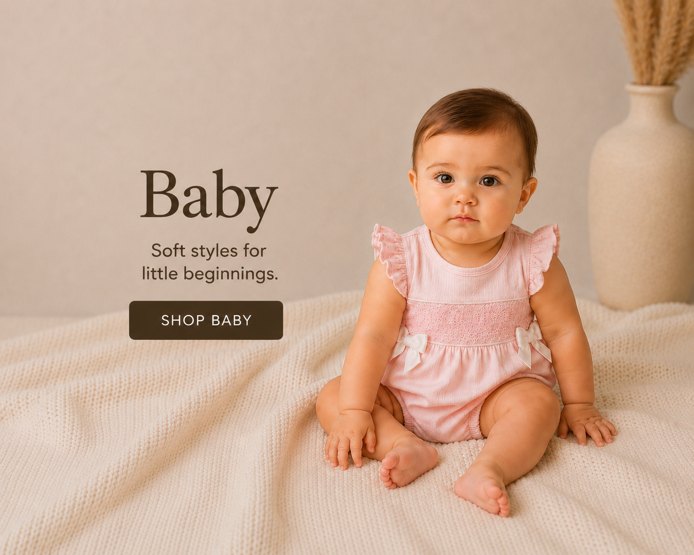 Baby in a pink outfit sitting on a beige blanket with text overlay.