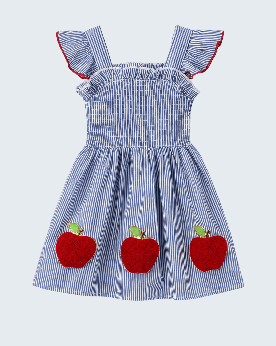 Blue and white striped dress with red apples on a light blue background