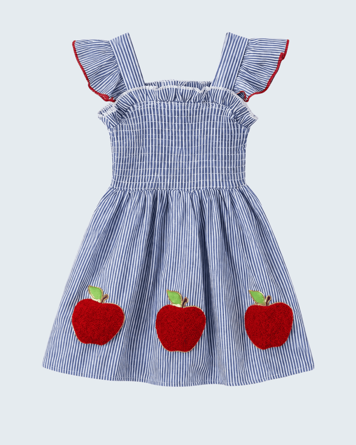 Blue and white striped dress with red apples on a light blue background