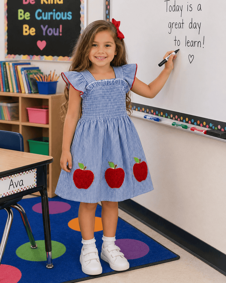 Young girl in a classroom wearing a dress with red apples, standing next to a chalkboard.
