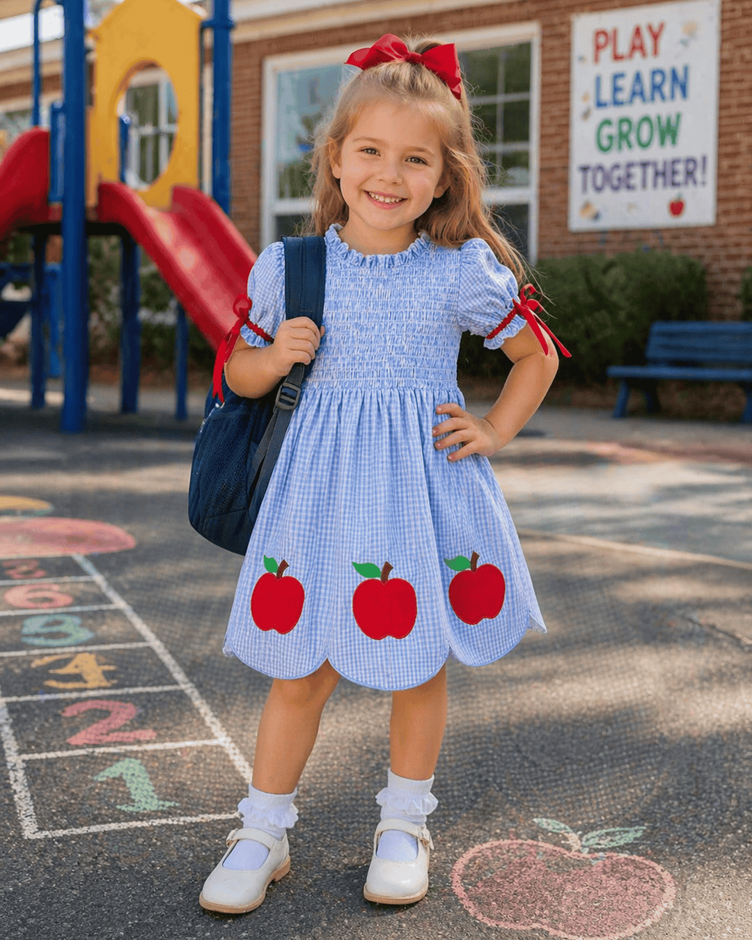 Young girl in a blue dress with red apples standing on a playground.