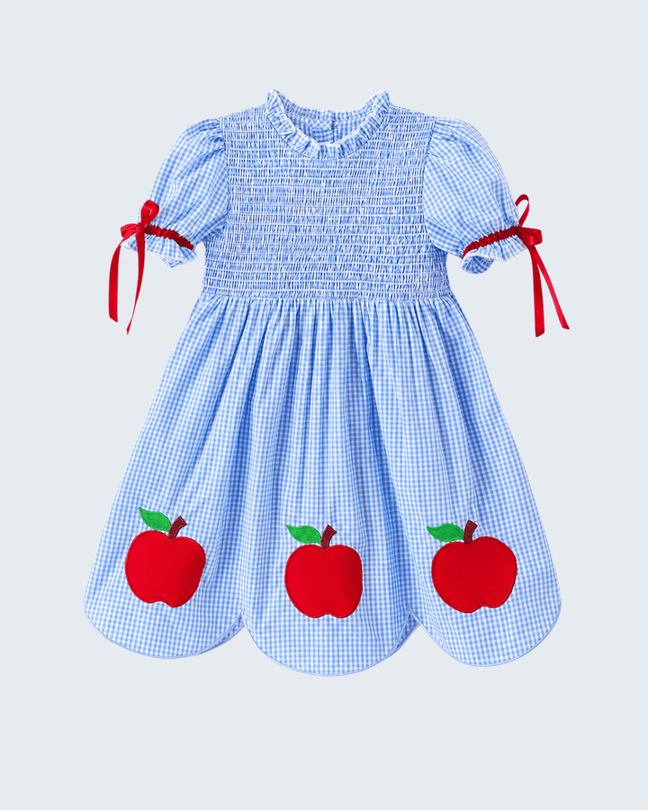 Girl Back To School Apple Applique Plaid Dress