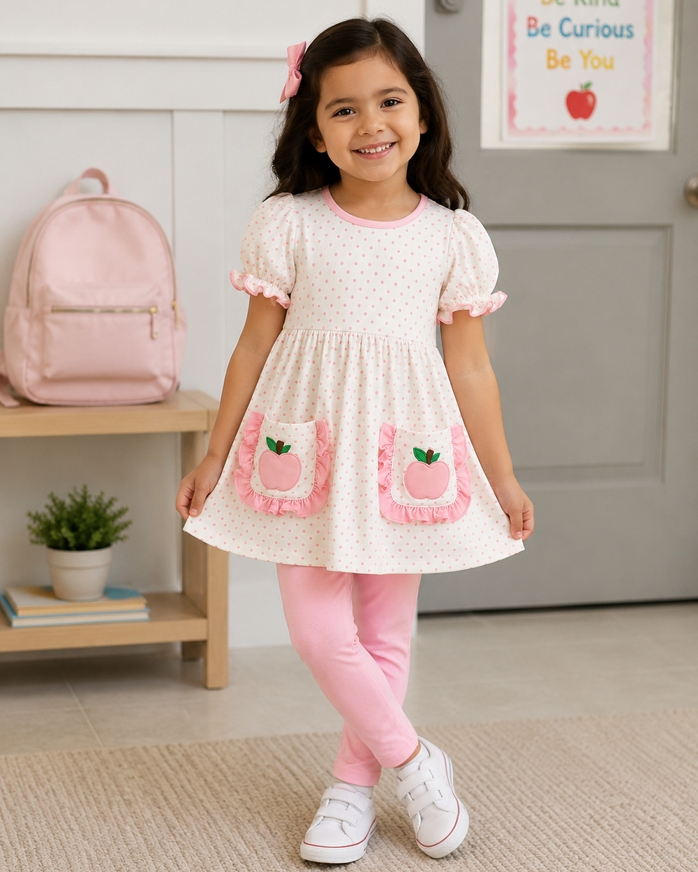 Young girl in pink back to school outfit.