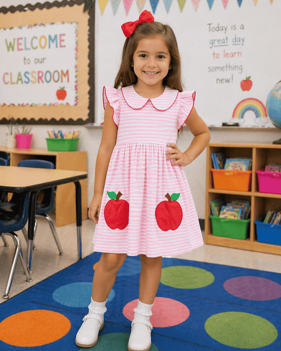Young girl in a pink dress with red apples in a classroom setting