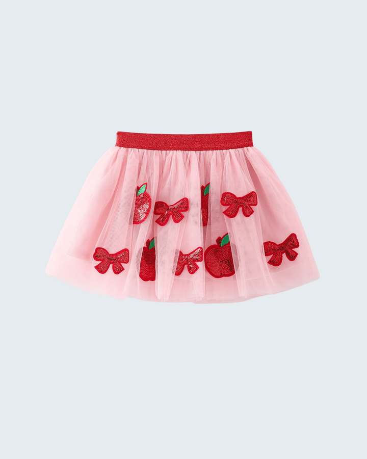 Girls Back To School Apple &amp; Bow Applique Tulle Skirt