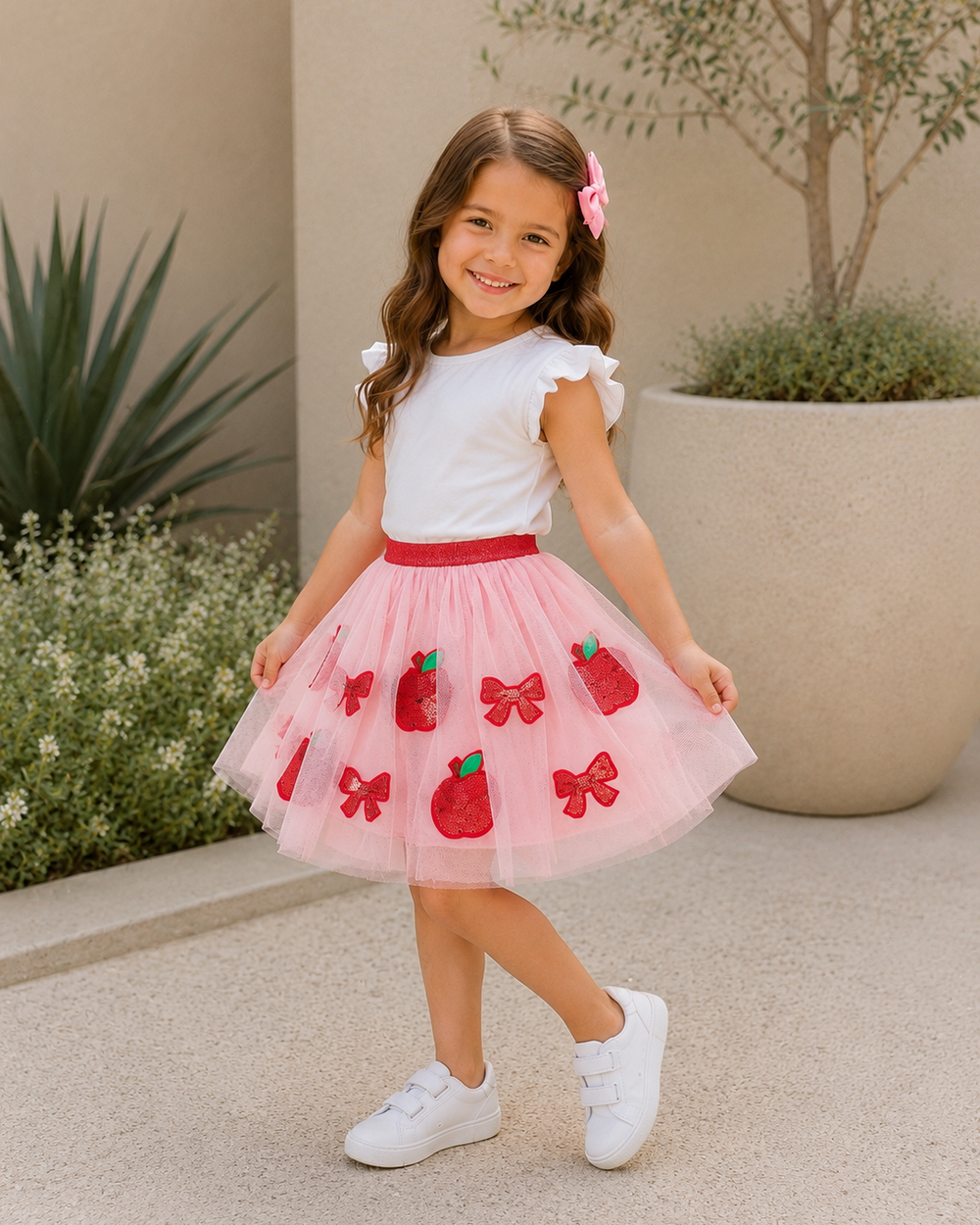 Young girl wearing Back To School Apple & Bow Applique Tulle Skirt
