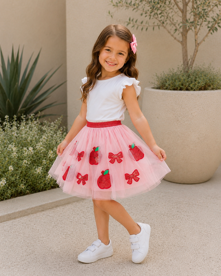 Young girl wearing Back To School Apple &amp; Bow Applique Tulle Skirt