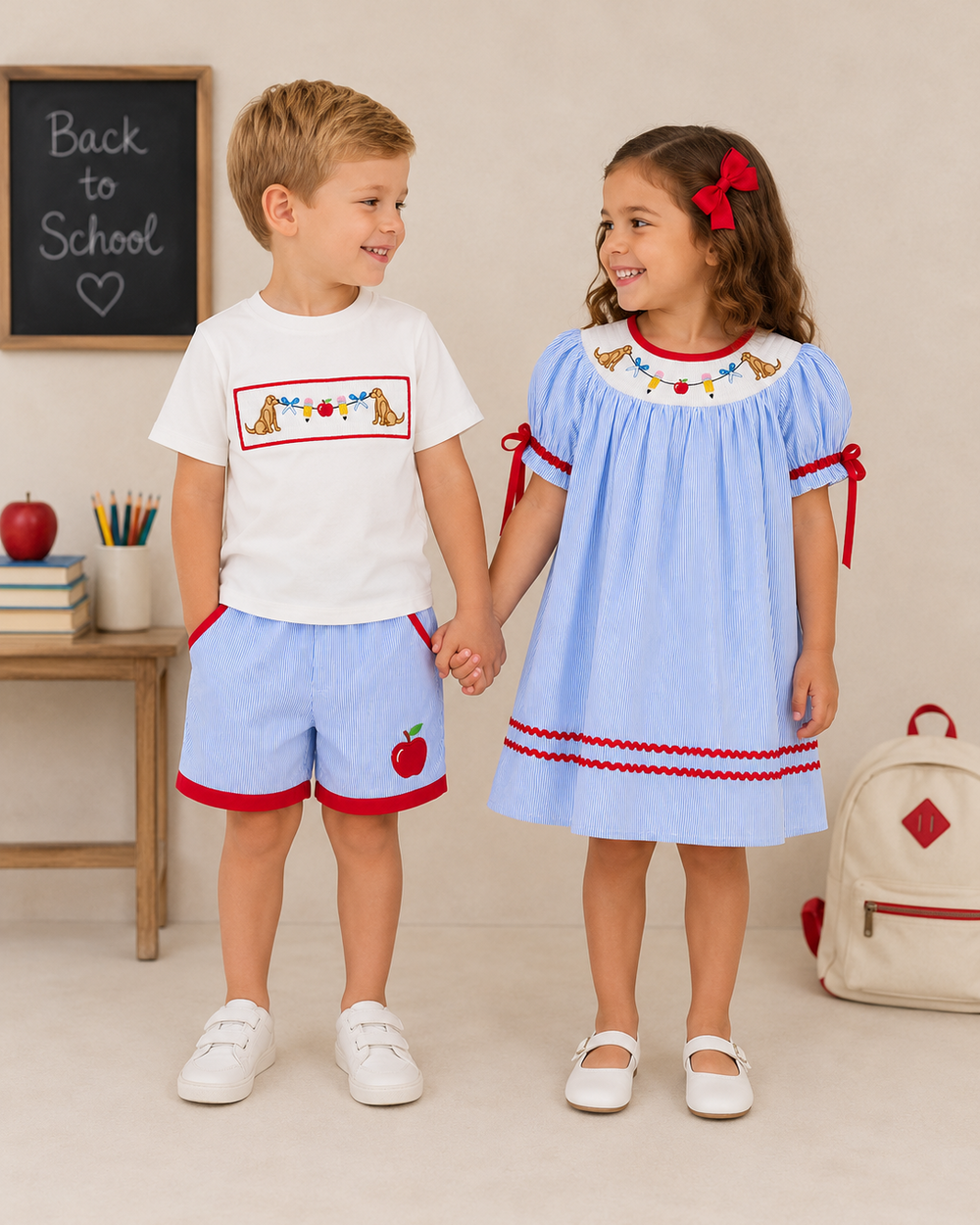 Boy and girl in back to school outfits