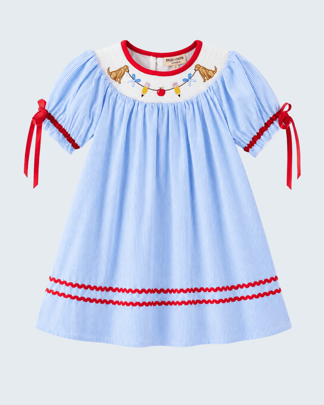 Blue back to school dress with embroidery