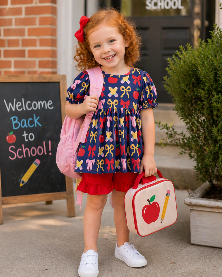 Young girl with a colorful dress and pink backpack standing in front of a &