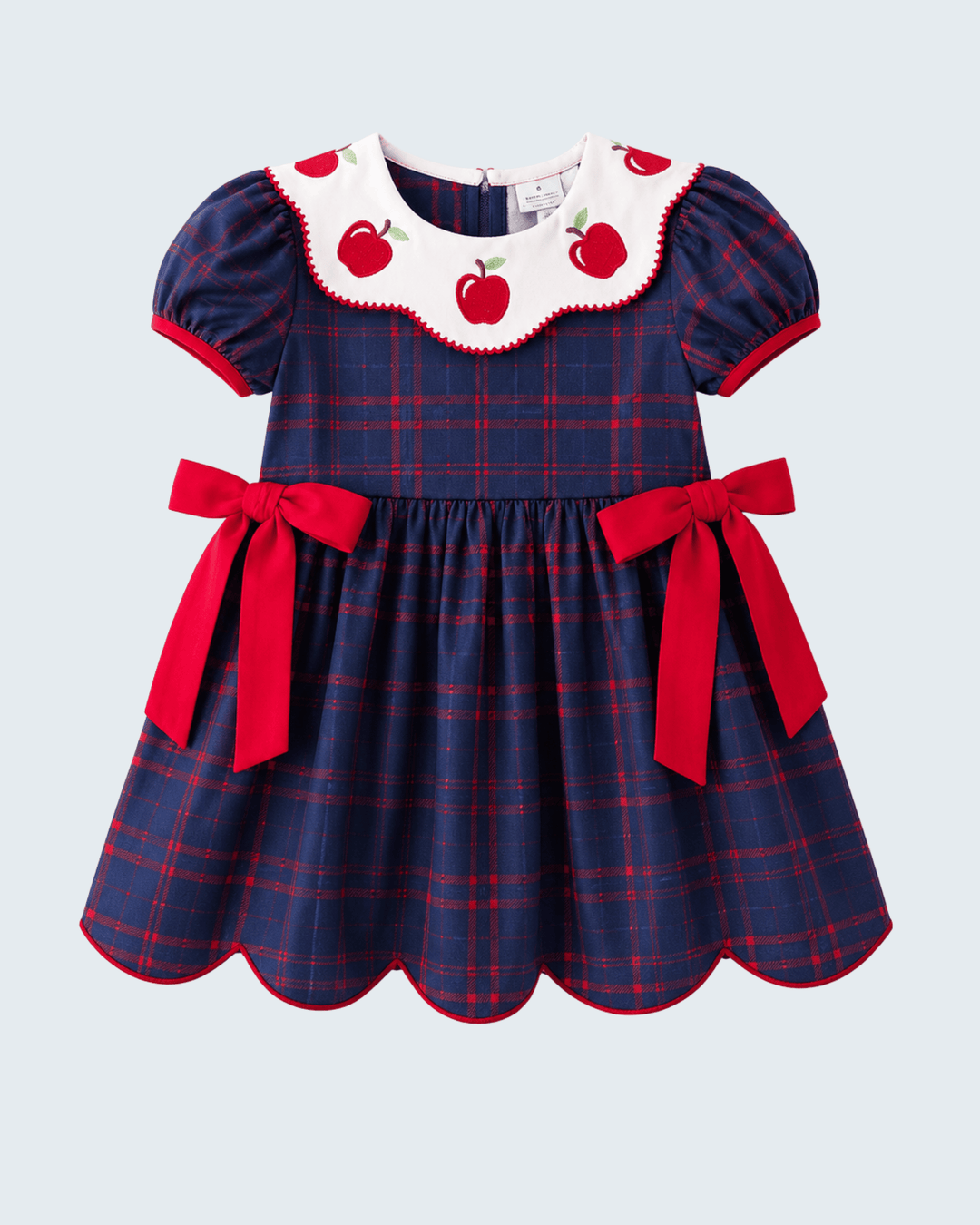 Navy plaid back to school dress with side bows
