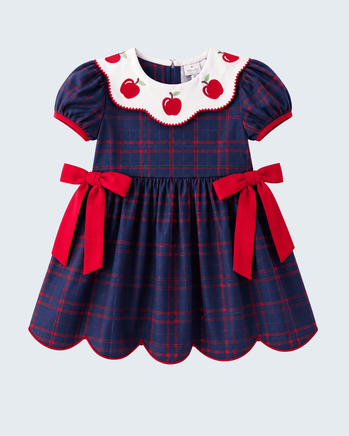 Navy plaid back to school dress with side bows
