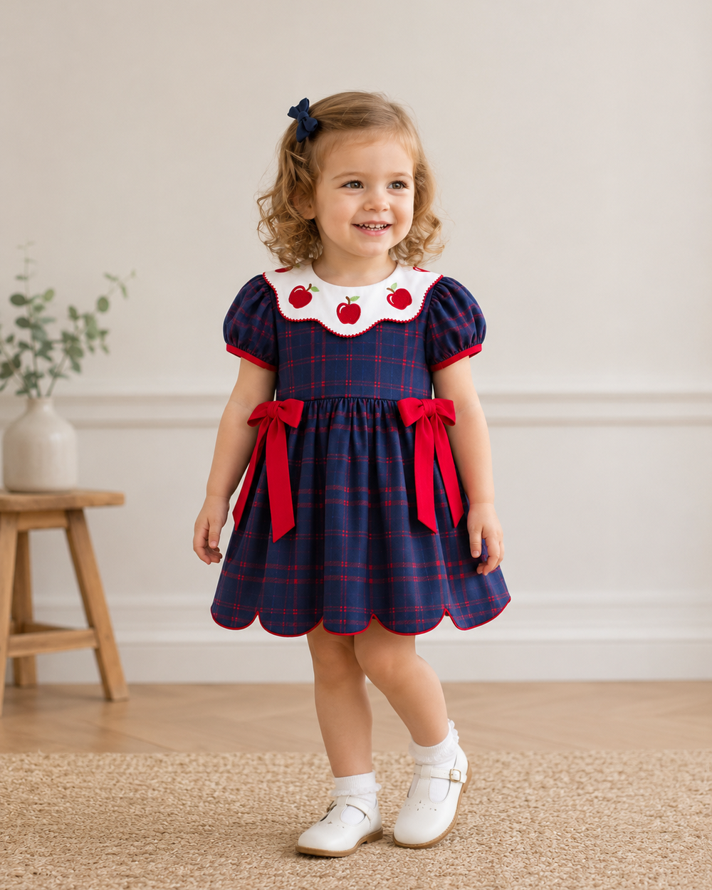 Young girl in navy back to school dress with red side bows