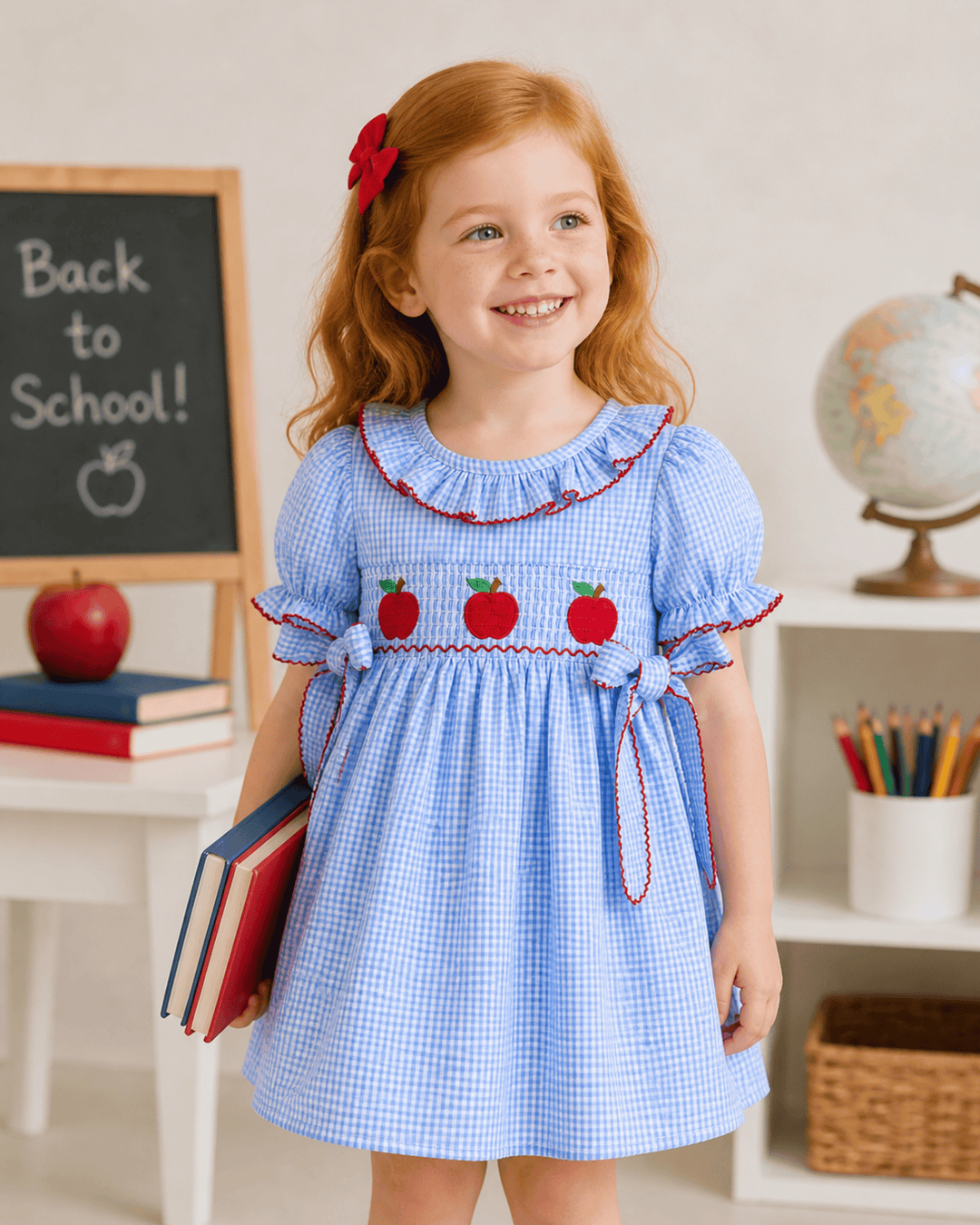 Back To School Apple Plaid Smocked Dress