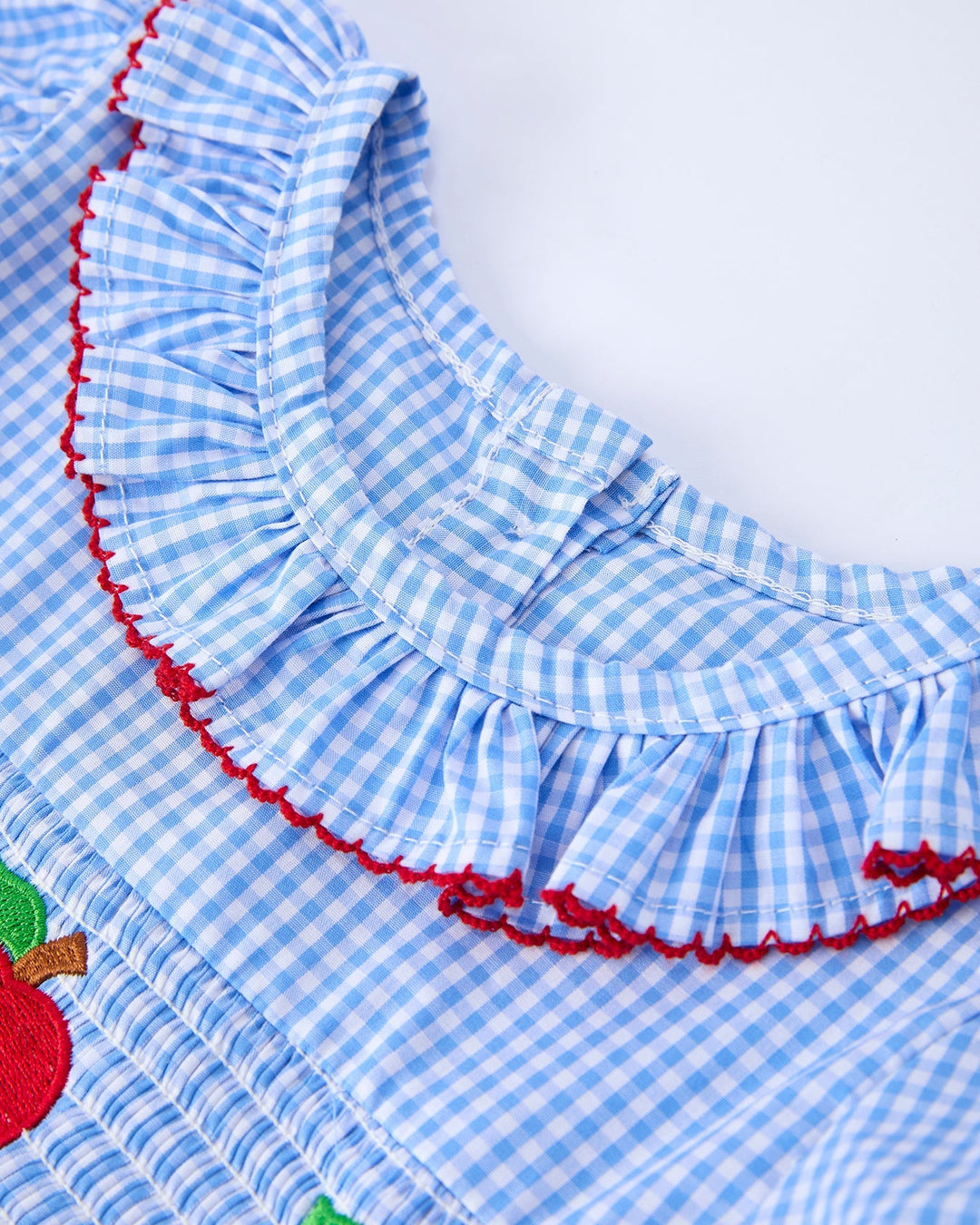Blue checkered fabric with ruffled edge and red trim on a white background