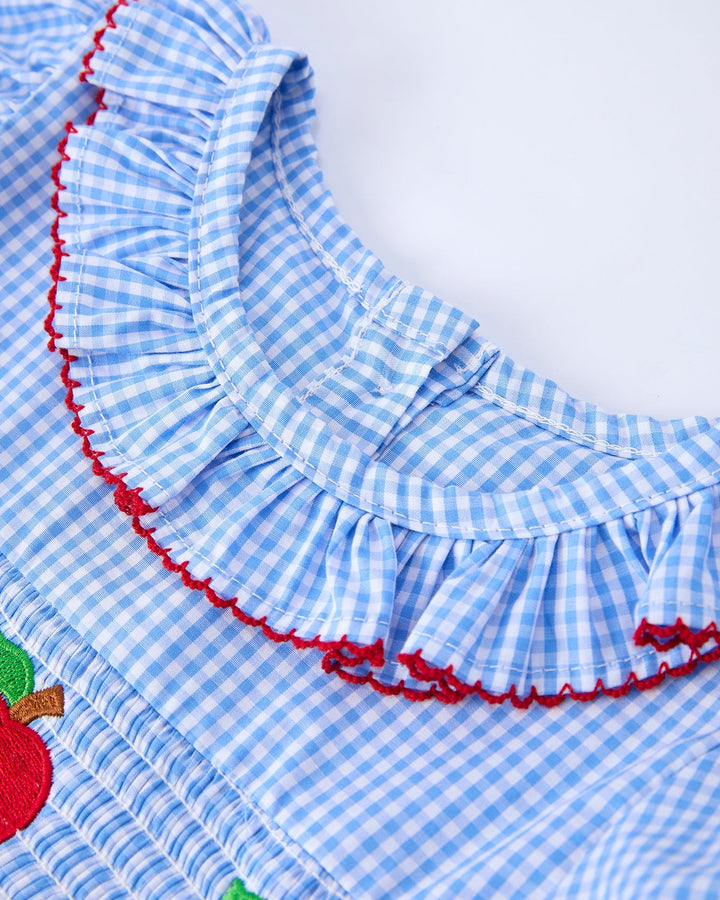 Blue checkered fabric with ruffled edge and red trim on a white background