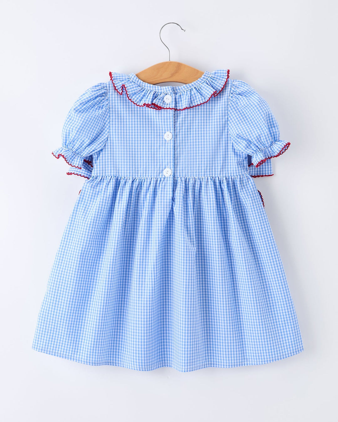 Blue checkered dress with red trim on a hanger against a white background
